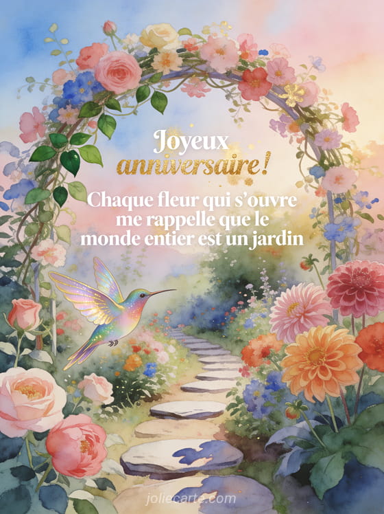 Jardin luxuriant de roses, pivoines et dahlias multicolores avec sentier de pierres, arche fleurie et colibri irisé, style aquarelle