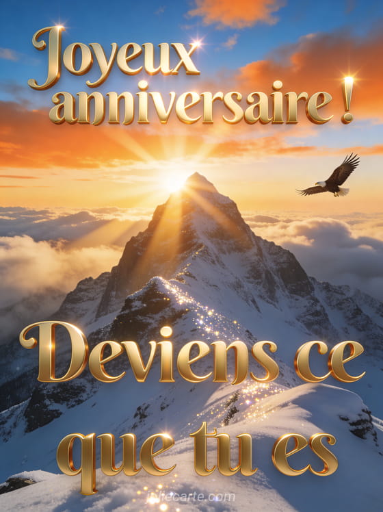 Sommet de montagne majestueux au lever du soleil avec rayons dorés perçant les nuages, aigle en vol et neige scintillante sur les crêtes