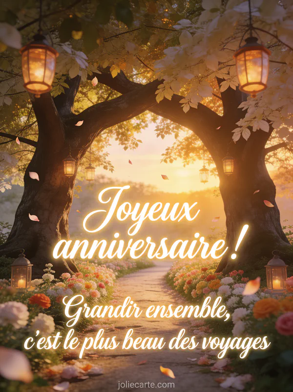 Deux arbres majestueux dont les branches se rejoignent en arche naturelle avec lumiere doree du coucher de soleil et lanternes suspendues