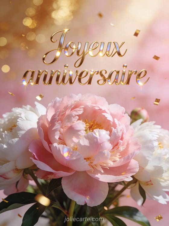Bouquet de pivoines roses et blanches en gros plan avec le texte Joyeux anniversaire en lettres dorées sur fond bokeh doré et rose