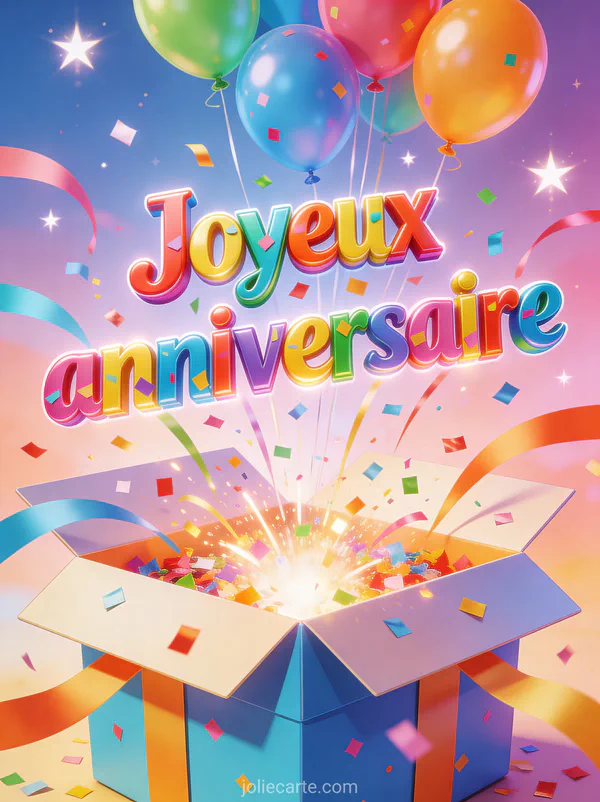 Lettres multicolores joyeux anniversaire avec confettis, boîte cadeau géante ouverte, ballons et serpentins sur fond festif étoilé