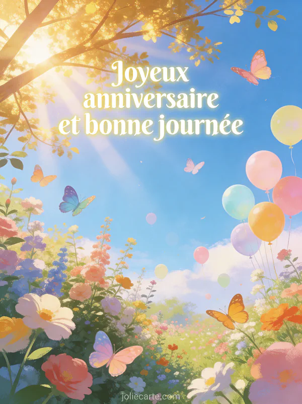 Paysage matinal ensoleillé avec jardin fleuri, papillons colorés et ballons pastel avec le texte Joyeux anniversaire et bonne journée