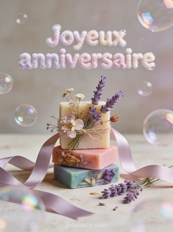 Lettres pastel joyeux anniversaire avec savons artisanaux colorés, fleurs séchées, lavande et bulles de savon iridescentes