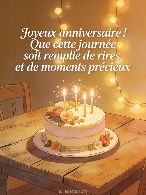 Gâteau d’anniversaire décoré de fleurs comestibles avec bougies scintillantes sur table rustique et guirlandes lumineuses
