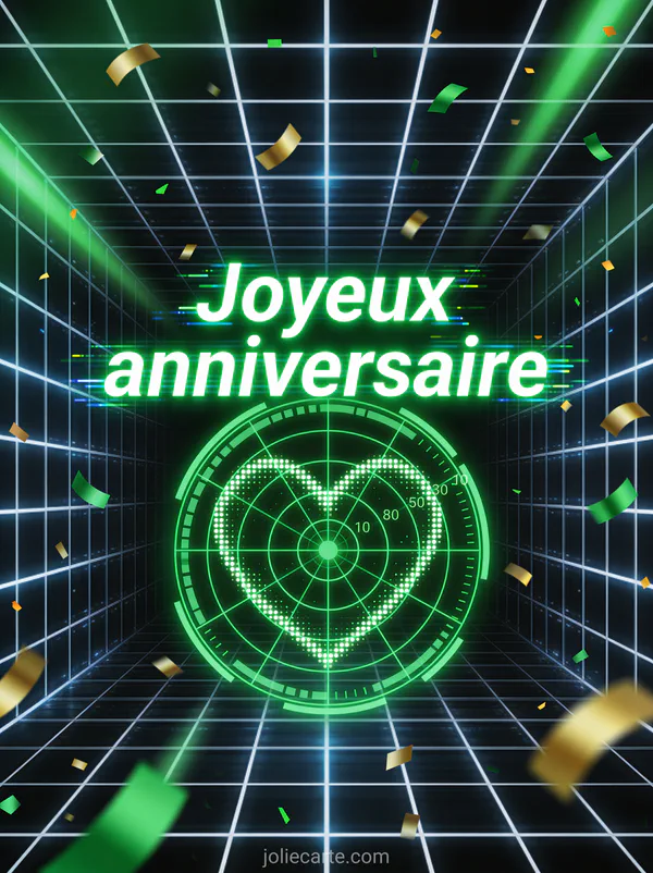 Lettres vertes lumineuses joyeux anniversaire avec écran radar digital, points lumineux formant un coeur sur fond high-tech sombre