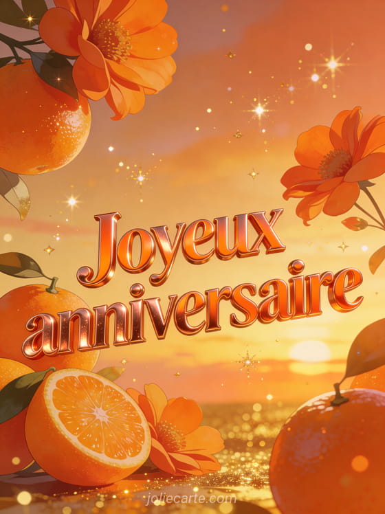 Oranges fraîches et fleurs orange vif sur fond chaleureux aux tons ambre et doré avec le texte Joyeux anniversaire en lettres orangées