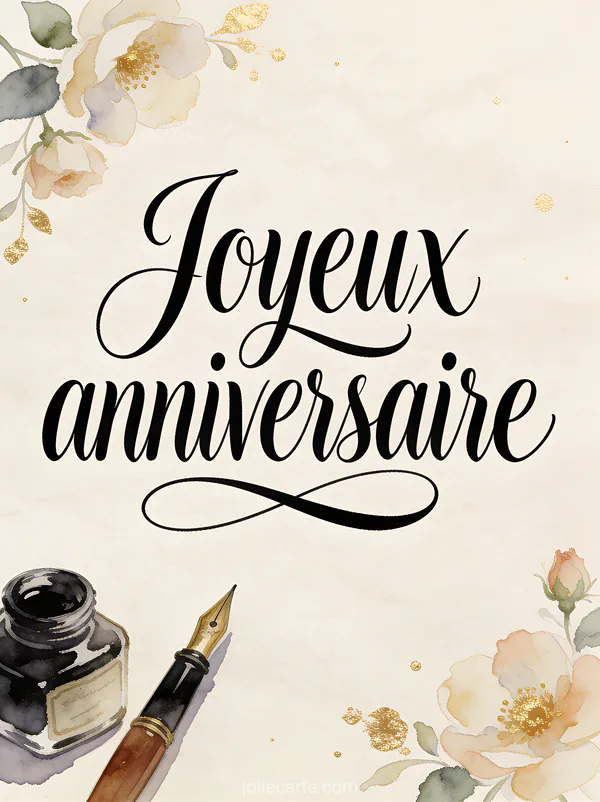 Joyeux anniversaire en écriture cursive noire élégante sur papier texturé crème avec fleurs aquarelle, encrier vintage et plume