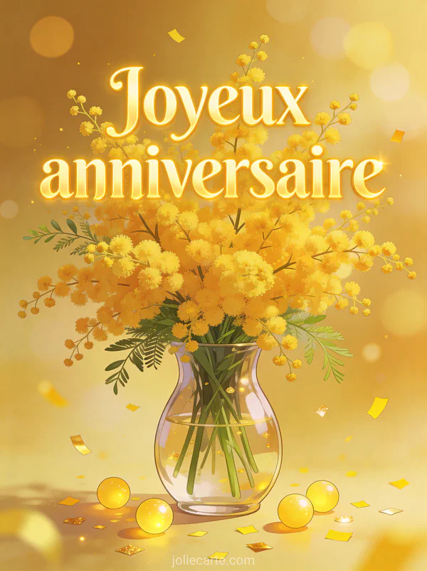 Bouquet de mimosa jaune vif dans un vase en verre avec feuillage vert délicat et bokeh doré avec le texte Joyeux anniversaire