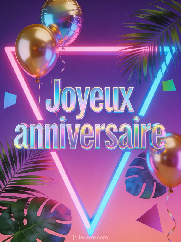 Typographie moderne holographique joyeux anniversaire avec formes géométriques Memphis, néons rose et bleu, feuillage tropical et ballons métalliques