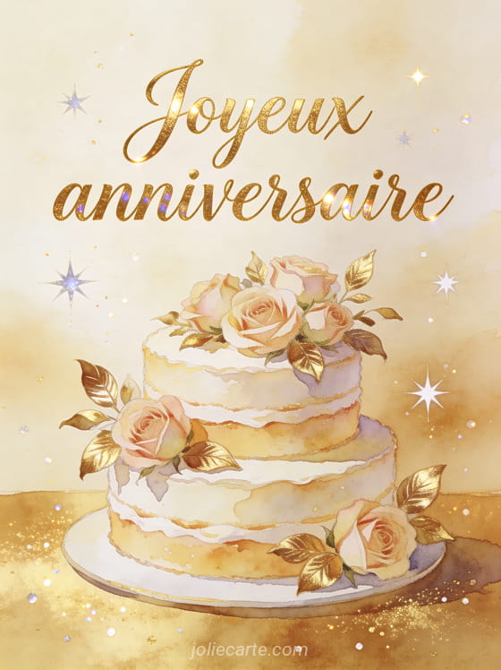 Gâteau à étages aquarelle décoré de roses et feuilles d’or avec étoiles scintillantes et le texte Joyeux anniversaire en calligraphie dorée