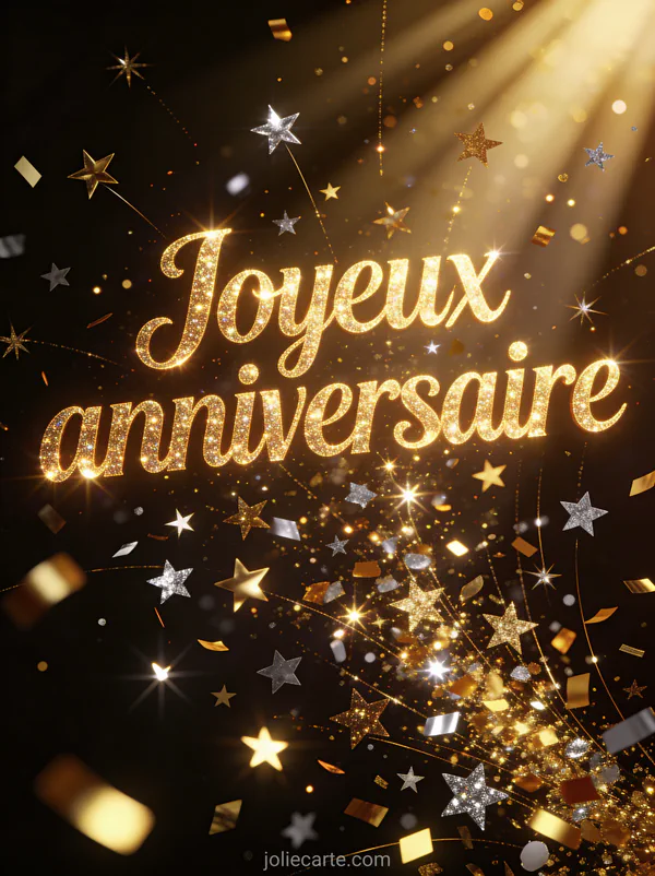 Lettres dorées brillantes joyeux anniversaire avec paillettes, étoiles scintillantes et cascade de glitter sur fond sombre lumineux