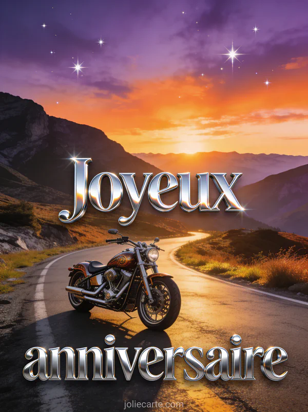 Moto custom garée sur une route de montagne au coucher du soleil avec le texte Joyeux anniversaire en lettres chromées argentées