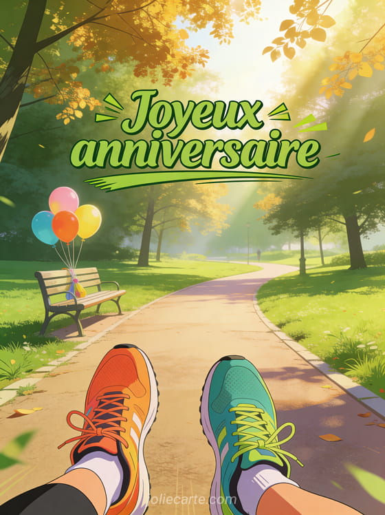 Lettres vertes sportives joyeux anniversaire avec sentier de jogging dans un parc, baskets colorées, ballons et lumière matinale
