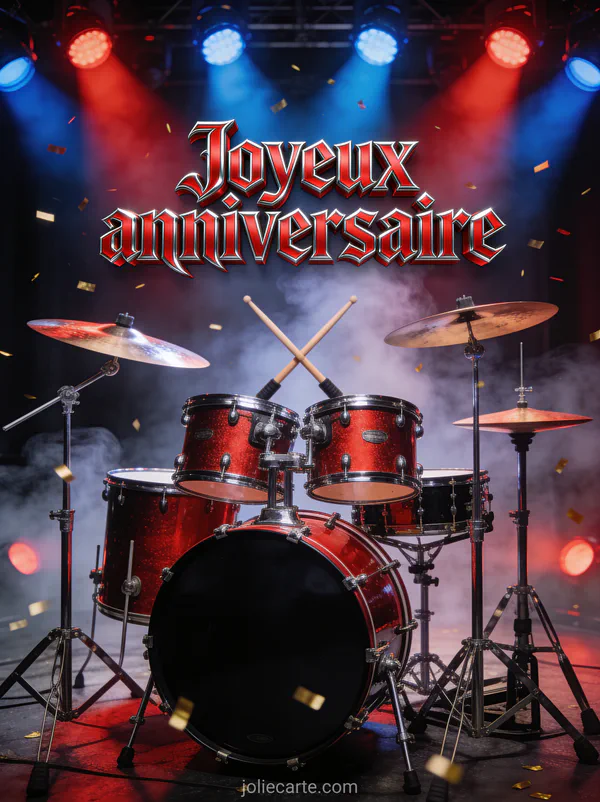 Batterie rouge et noire sous des projecteurs colorés sur scène avec confettis dorés et le texte Joyeux anniversaire en lettres rock métalliques
