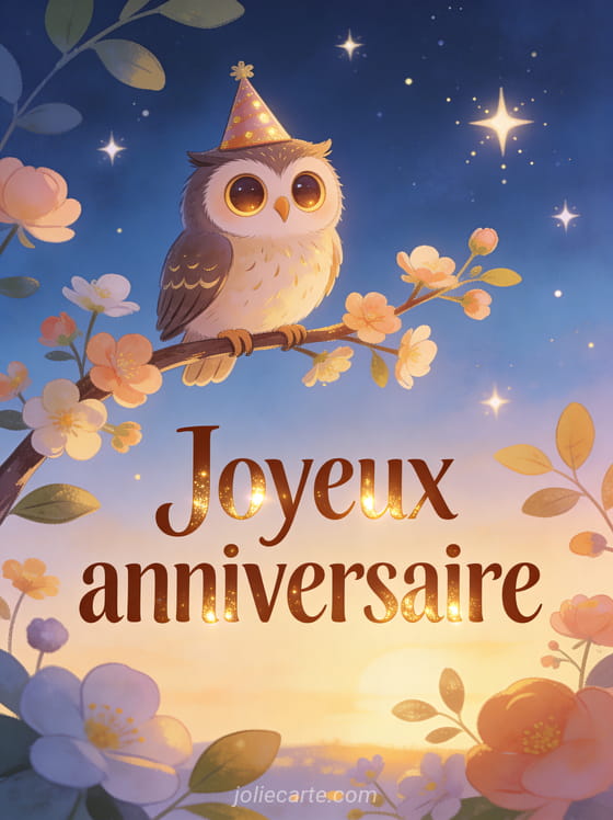 Illustration adorable d'une chouette aux grands yeux avec chapeau de fête sur branche fleurie, étoiles et ciel bleu nuit