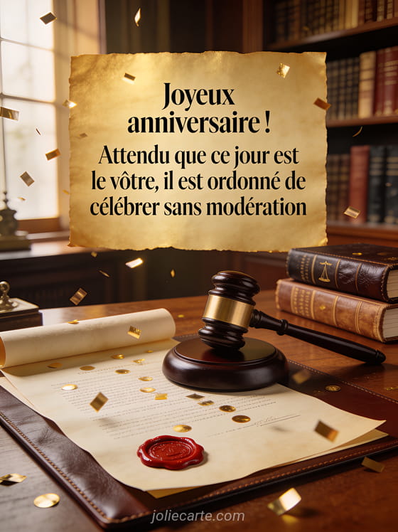 Bureau en bois noble avec marteau de juge, livres de droit reliés cuir et sceau de cire rouge avec confettis dorés sur parchemin