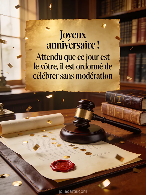 Bureau en bois noble avec marteau de juge, livres de droit reliés cuir et sceau de cire rouge avec confettis dorés sur parchemin