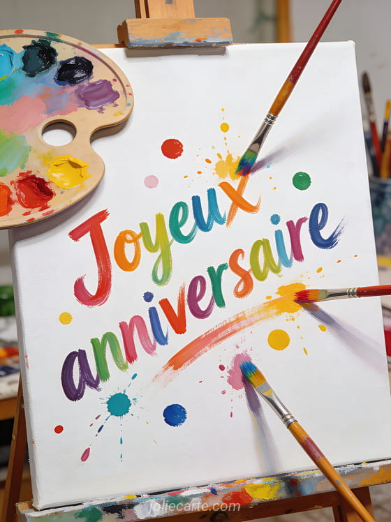 Lettres multicolores joyeux anniversaire style coup de pinceau avec pinceaux colorés, éclaboussures de peinture et palette d'artiste
