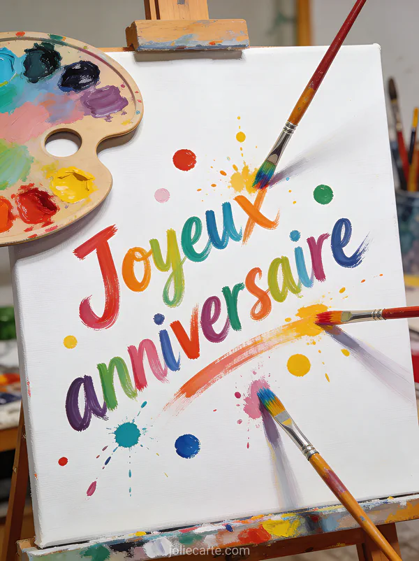 Lettres multicolores joyeux anniversaire style coup de pinceau avec pinceaux colorés, éclaboussures de peinture et palette d'artiste