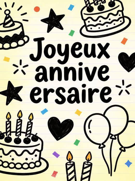 Joyeux anniversaire en style doodle dessiné à la main avec gâteaux, étoiles, coeurs, ballons et bougies sur fond jaune pâle