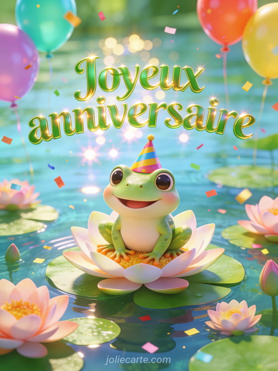 Grenouille 3D souriante avec chapeau de fête coloré assise sur un nénuphar entourée de fleurs de lotus et ballons colorés