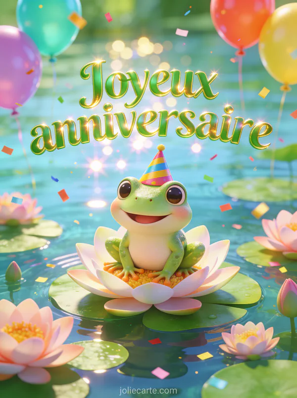 Grenouille 3D souriante avec chapeau de fête coloré assise sur un nénuphar entourée de fleurs de lotus et ballons colorés