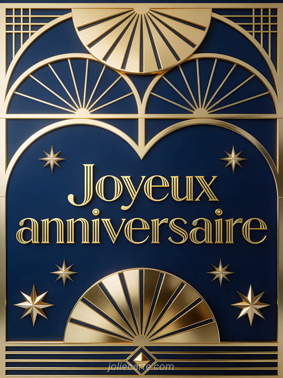 Lettres dorées art déco joyeux anniversaire avec arches, motifs en éventail et lignes élégantes sur fond bleu nuit profond