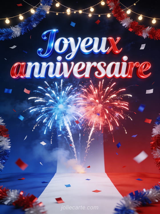 Feux d’artifice bleus blancs et rouges illuminant un ciel nocturne avec confettis tricolores et le texte Joyeux anniversaire