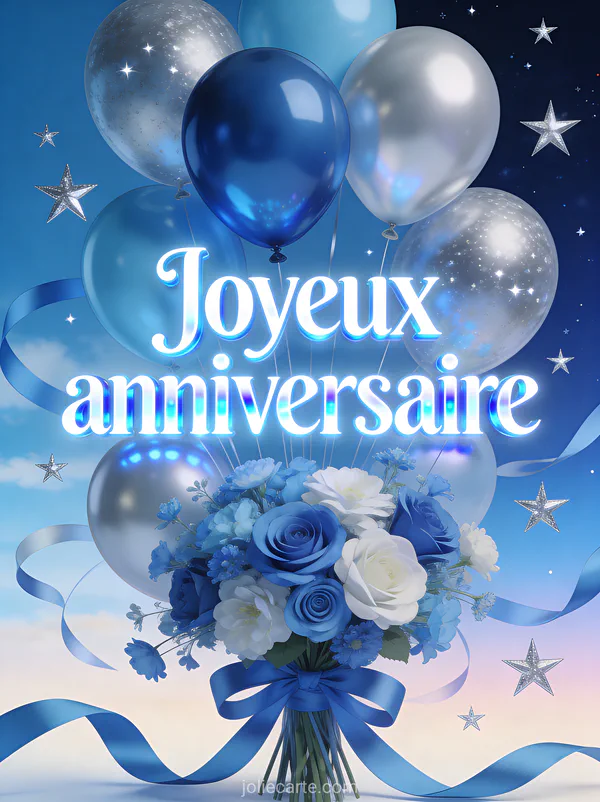 Lettres blanches lumineuses joyeux anniversaire avec ballons bleus et argentés, fleurs bleues, rubans satin sur fond bleu dégradé