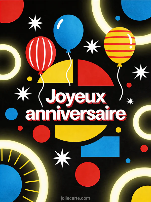 Design graphique moderne avec formes géométriques festives, ballons stylisés et étoiles lumineuses sur fond sombre avec le texte Joyeux anniversaire