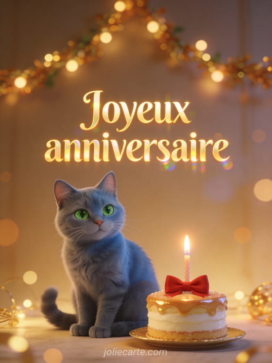 Chat gris bleu aux yeux verts avec noeud papillon rouge à côté d'un gâteau d'anniversaire, guirlandes lumineuses et bokeh doré