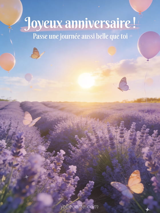 Champ de lavande violet sous un ciel bleu avec soleil doré, papillons et ballons pastel avec le texte Joyeux anniversaire