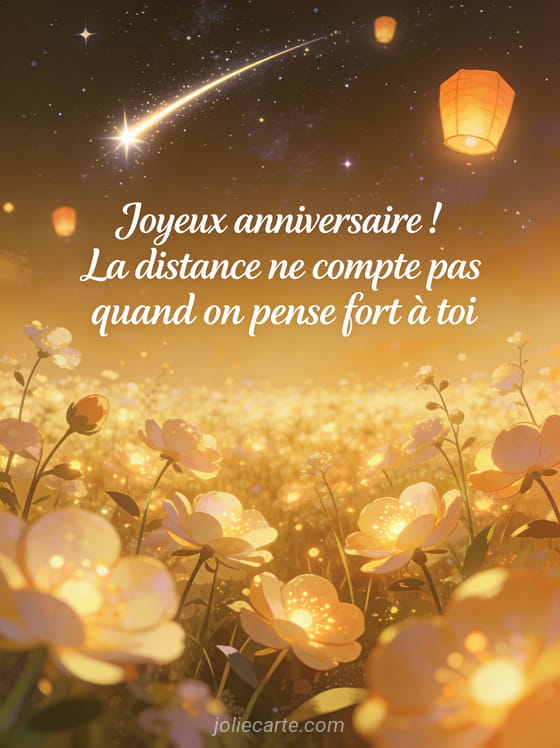 Texte manuscrit joyeux anniversaire sous ciel étoilé avec champ de fleurs lumineuses, étoile filante et lanternes flottantes
