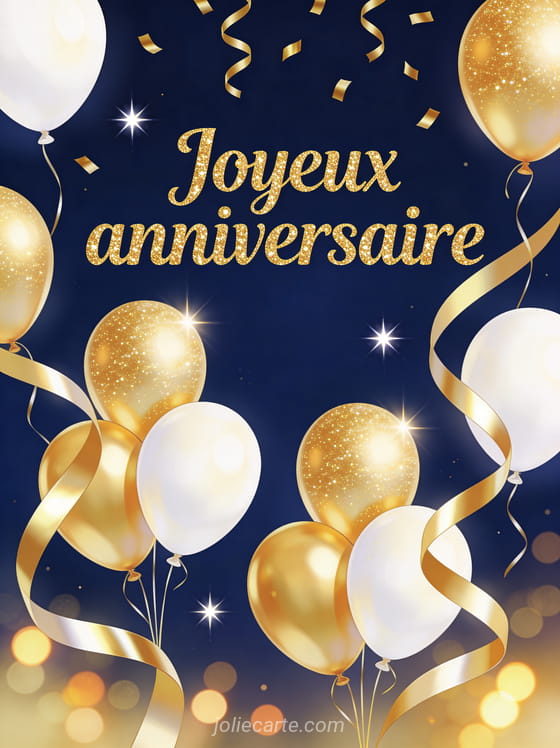 Ballons dorés et blancs avec rubans brillants et confettis dorés sur fond bleu nuit profond avec le texte Joyeux anniversaire scintillant