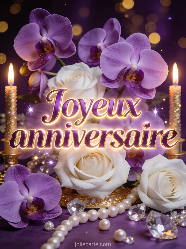 Lettres violet et or joyeux anniversaire avec orchidées violettes, roses blanches, bougies dorées et cristaux sur fond violet profond