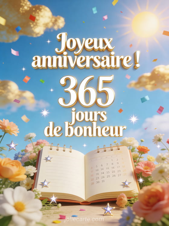 Calendrier artistique entouré de fleurs fraîches et étoiles scintillantes sous un ciel bleu avec soleil radieux et confettis multicolores