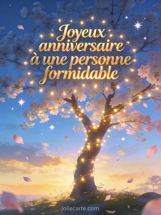 Lettres dorées calligraphiées joyeux anniversaire avec arbre en fleurs illuminé, ciel doré au coucher du soleil et pétales tombants