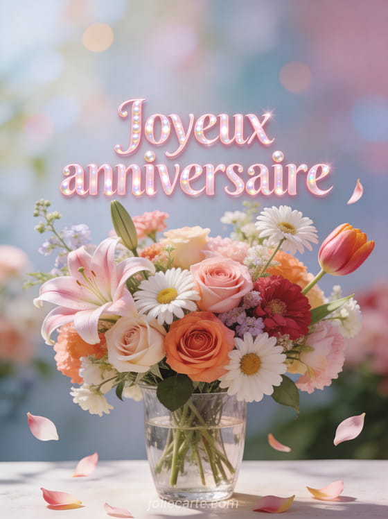 Bouquet de fleurs variées aux couleurs pastel et vives avec roses, lys, marguerites et tulipes dans un vase en verre transparent