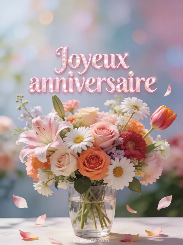 Bouquet de fleurs variées aux couleurs pastel et vives avec roses, lys, marguerites et tulipes dans un vase en verre transparent