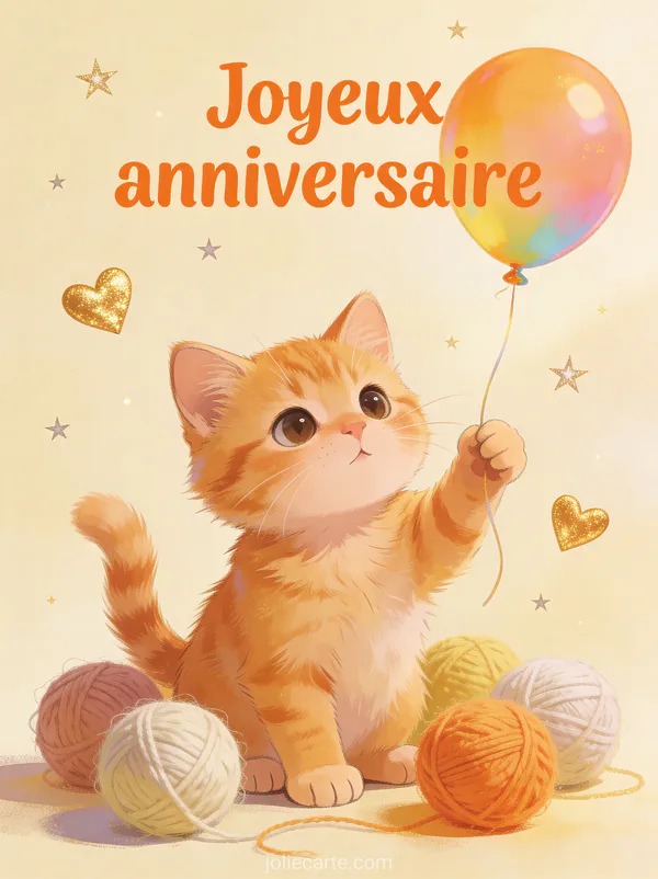 Illustration d'un adorable petit chat roux joueur avec ballon coloré, pelotes de laine, lumière dorée et coeurs flottants