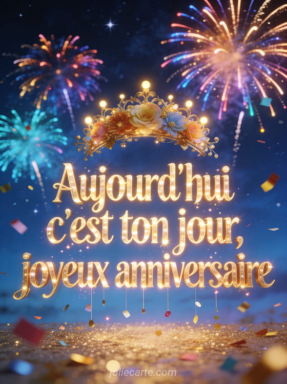 Couronne de fleurs et lumières dorées sur fond bleu nuit étoilé avec feux d’artifice et confettis scintillants