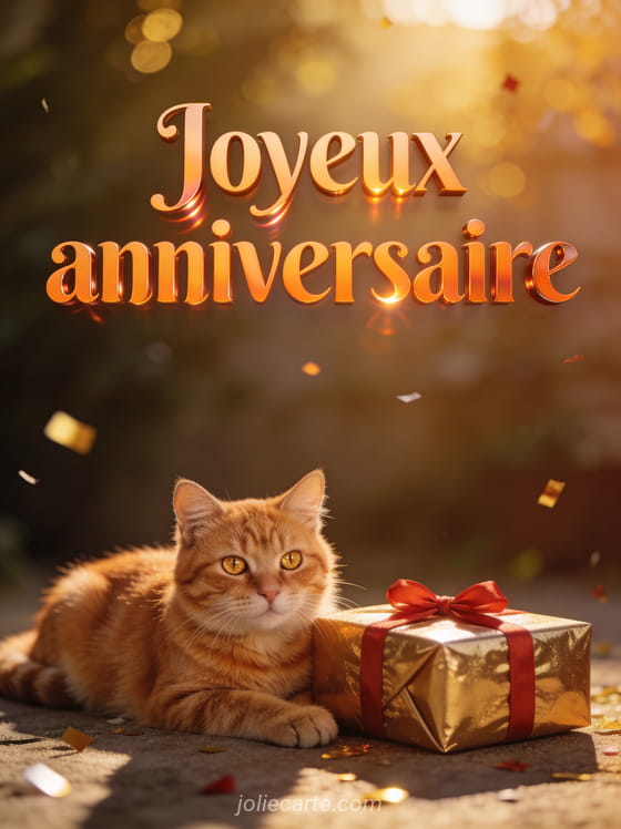 Magnifique chat roux aux yeux dorés couché à côté d'un cadeau doré avec noeud rouge, lumière chaude et bokeh doré