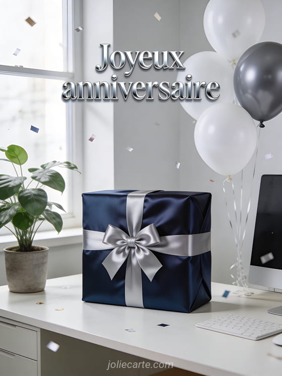 Bureau élégant avec cadeau emballé papier bleu marine et noeud argenté, plante verte et ballons blancs avec le texte Joyeux anniversaire