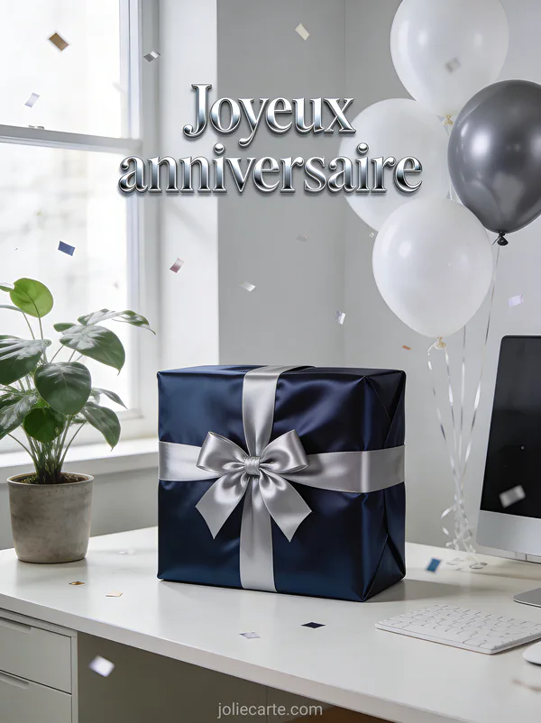 Bureau élégant avec cadeau emballé papier bleu marine et noeud argenté, plante verte et ballons blancs avec le texte Joyeux anniversaire