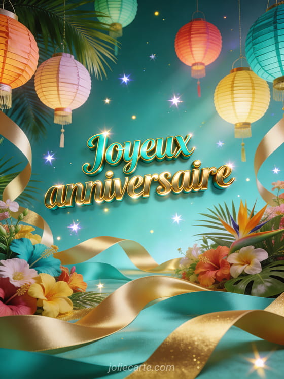 Lettres turquoise et or joyeux anniversaire avec lanternes en papier colorées, fleurs tropicales et rubans de satin sur fond lumineux