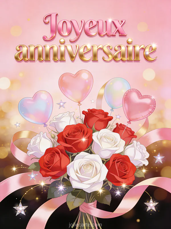 Roses rouges et blanches avec ballons en forme de coeur, rubans satinés et étoiles scintillantes sur fond rose pâle avec bokeh doré