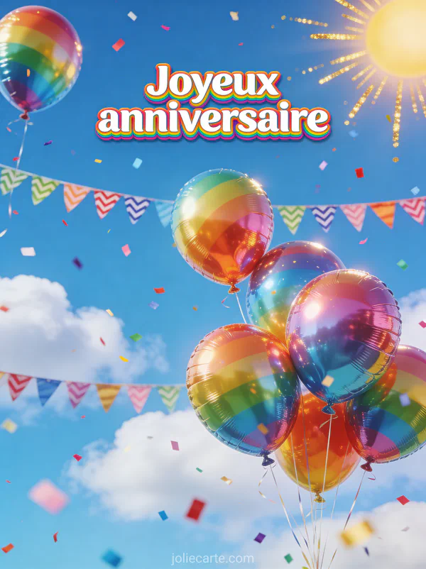 Lettres arc-en-ciel joyeux anniversaire avec ballons brillants, confettis multicolores, fanions et ciel bleu radieux