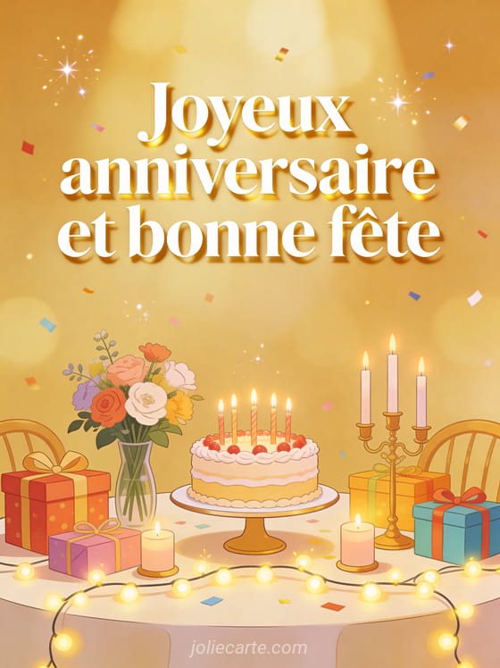 Table de fête décorée avec gâteau, fleurs, bougies allumées, cadeaux colorés et guirlandes lumineuses avec confettis scintillants