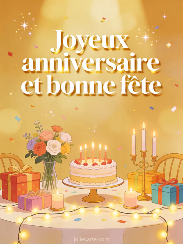 Table de fête décorée avec gâteau, fleurs, bougies allumées, cadeaux colorés et guirlandes lumineuses avec confettis scintillants