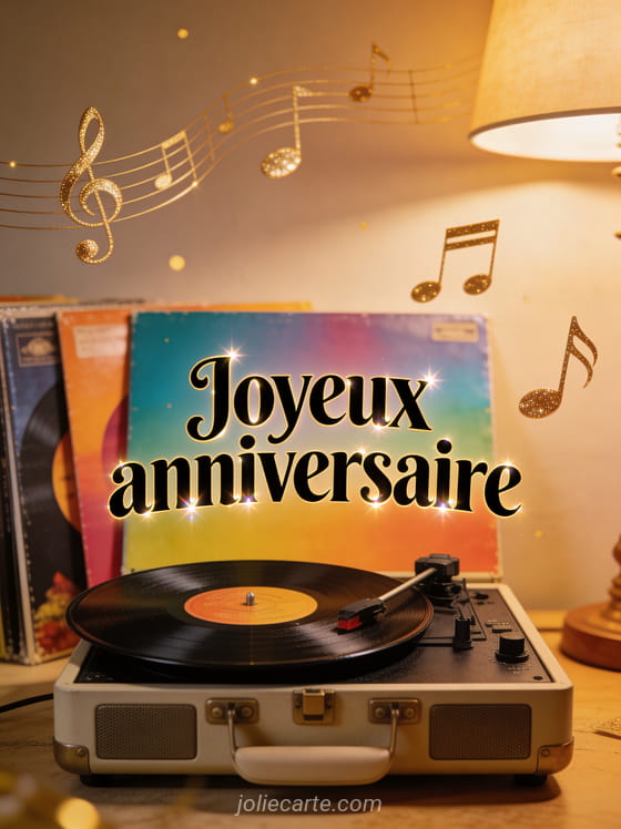 Lettres noires vintage joyeux anniversaire style disque vinyle avec platine rétro, notes de musique dorées et éclairage tamisé